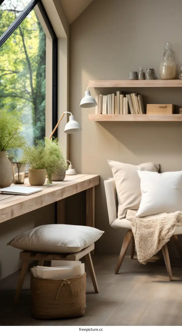 A cozy home office with a large window and a comfortable chair