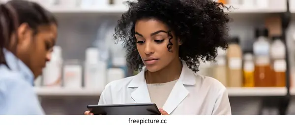 African American Pharmacist Using Tablet In Pharmacy