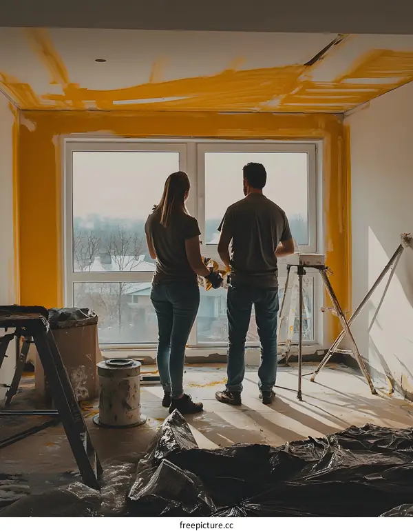 Couple Looking Out Window Of Unfinished Room