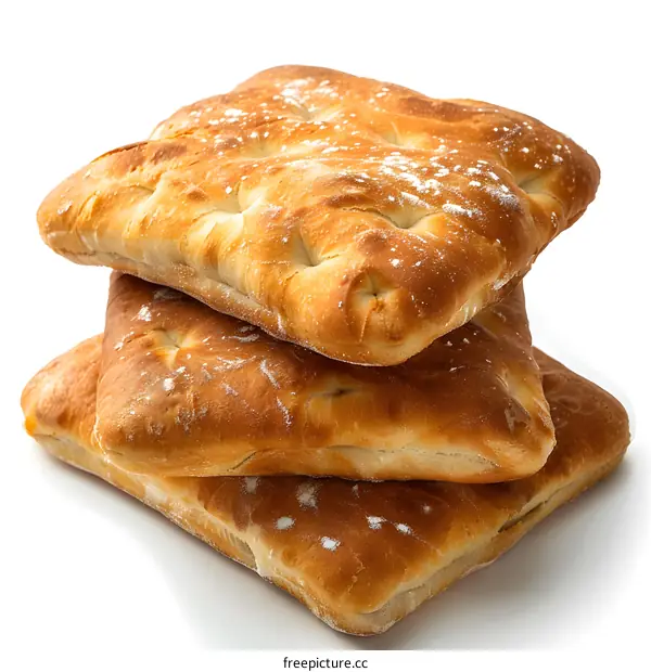 Three pieces of focaccia bread stacked on top of each other