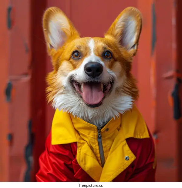 A happy corgi dog wearing a red and yellow jacket