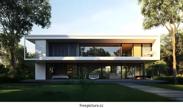 Modern House Architecture with Large Windows and Green Landscape