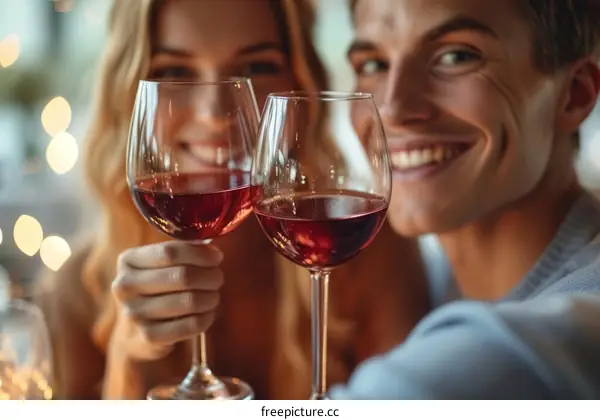 Young couple toasting with red wine glasses