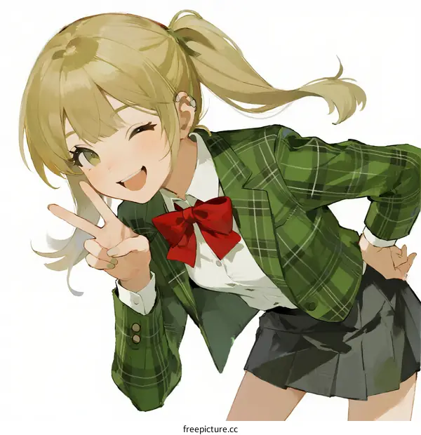 Anime girl in green plaid school uniform making peace sign
