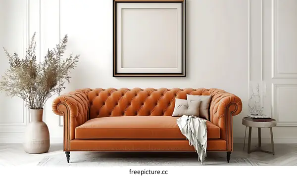 Classic Orange Velvet Sofa in Elegant Living Room