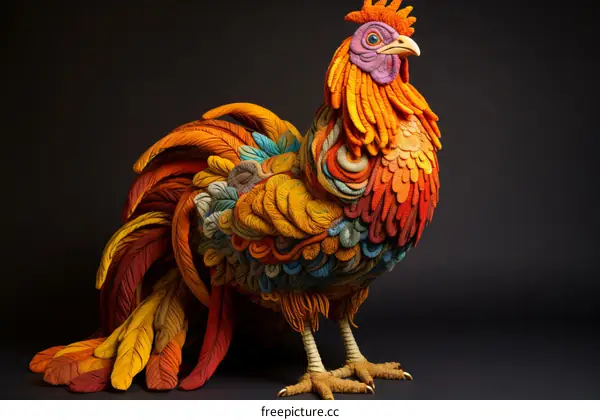 A ceramic sculpture of a rooster with vibrant colors