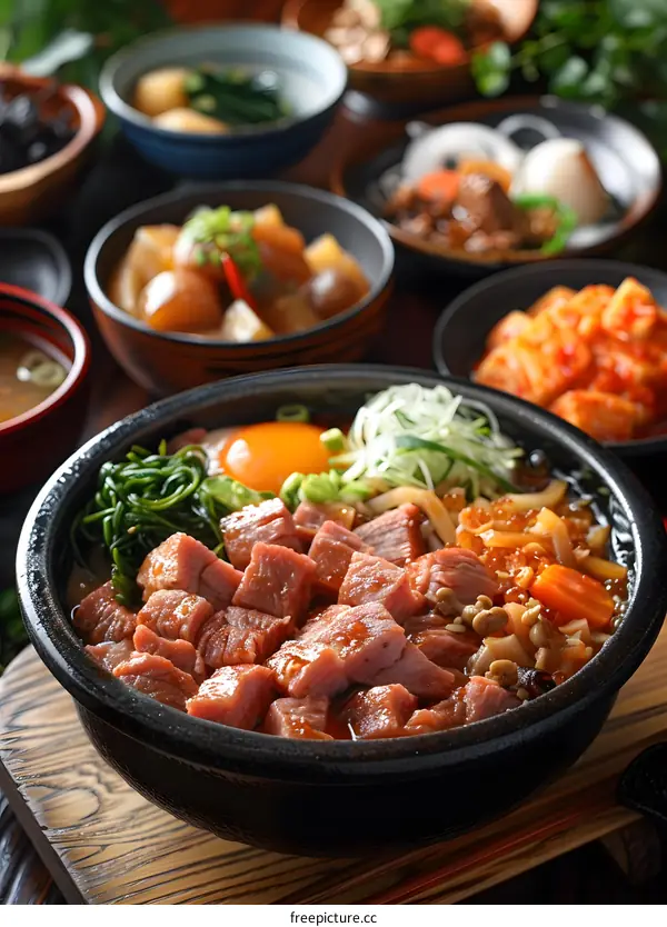 A delicious Japanese dish with beef, vegetables and egg