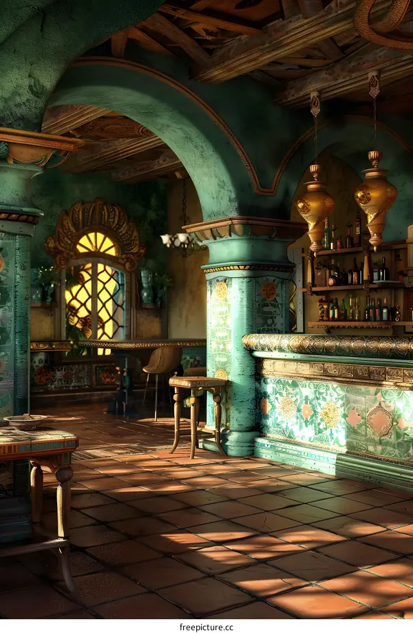 Green and Gold Bar Interior Design With Wooden Beam Ceiling