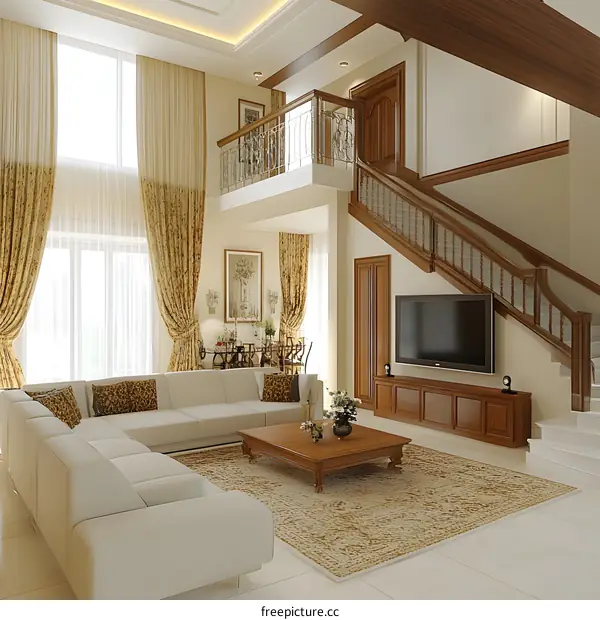 Modern Living Room Interior Design With White Sofa and Wooden Staircase