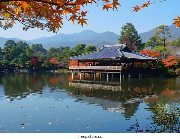 Japanese Tea House on Lake in Autumn
