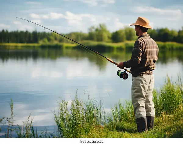 Man Fishing on a Lake with a Rod and Reel