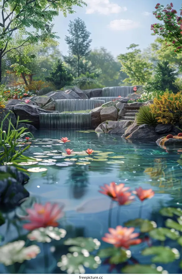 Waterfall Cascading through Rocks and Trees in a Forest Landscape