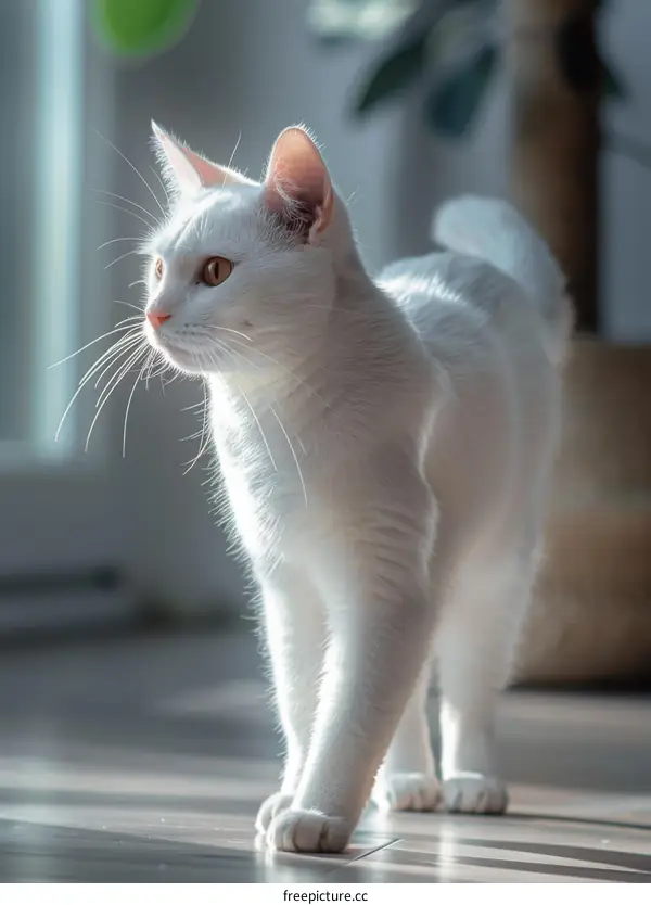 A white cat is walking on the wooden floor in the living room