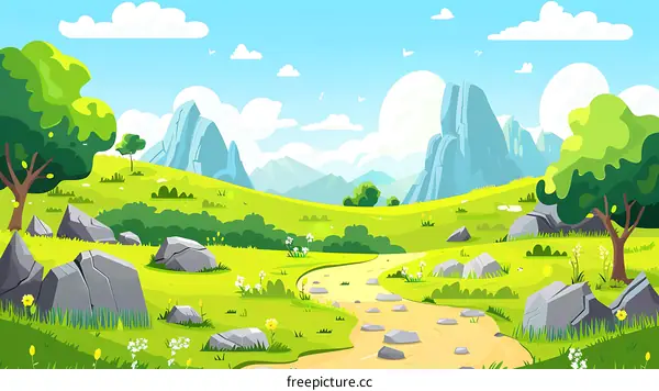 Cartoon Green Meadow with Winding Path and Mountain Background