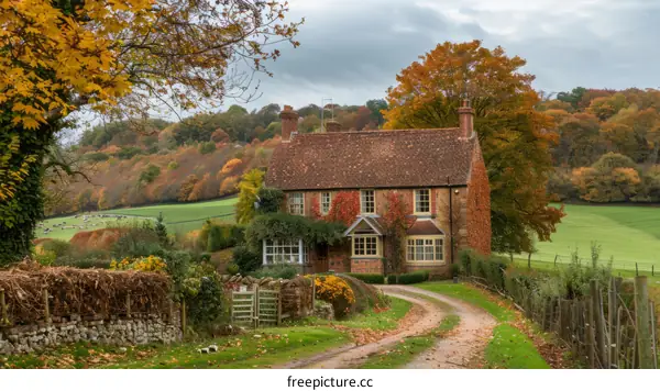 Picturesque English Country Cottage in Autumn