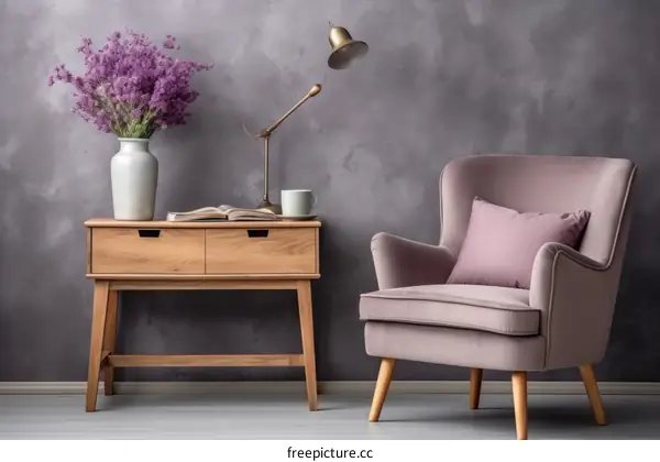 A stylish living room with a comfortable armchair, a wooden table, a vase of flowers, and a lamp