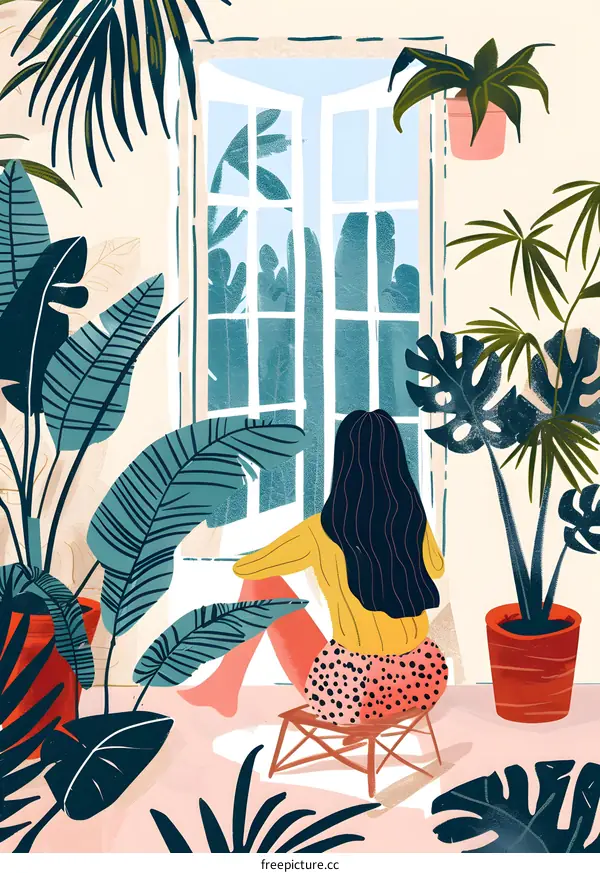 Woman Sitting by Window with Plants