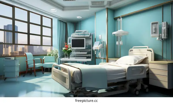 A Modern Hospital Room with a Bed, Chair, City View, and Medical Monitor