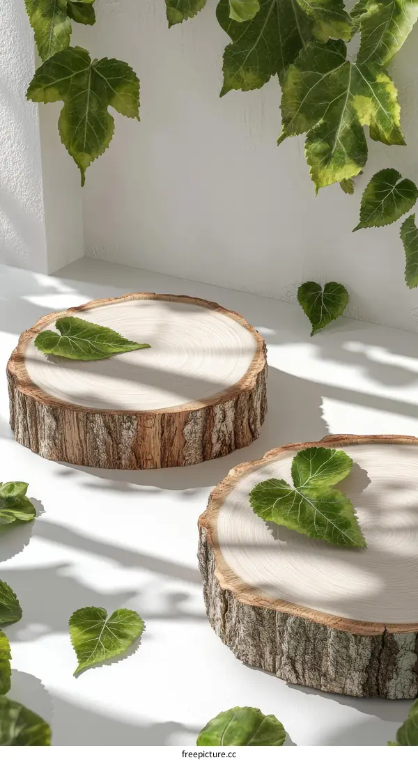 Natural Wooden Display Stand with Green Leaves
