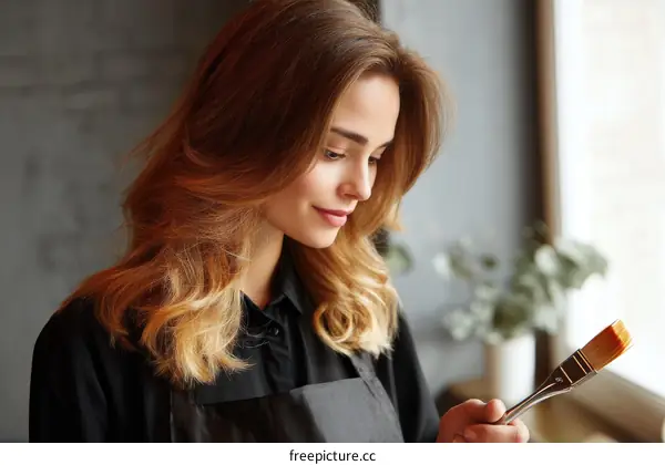 Woman holding a paintbrush close up portrait
