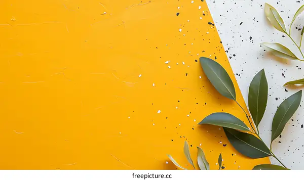 Yellow and White Background with Green Leaves