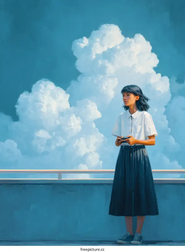 Asian Girl on Balcony with Cloudscape