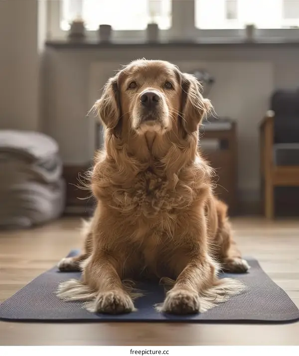 Golden Retriever Dog Lying Down On Yoga Mat Looking Up
