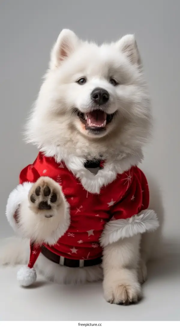 Samoyed dog wearing a Santa costume