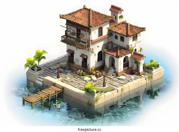 Mediterranean Style House by the Sea with Red Tile Roof and Wooden Balcony