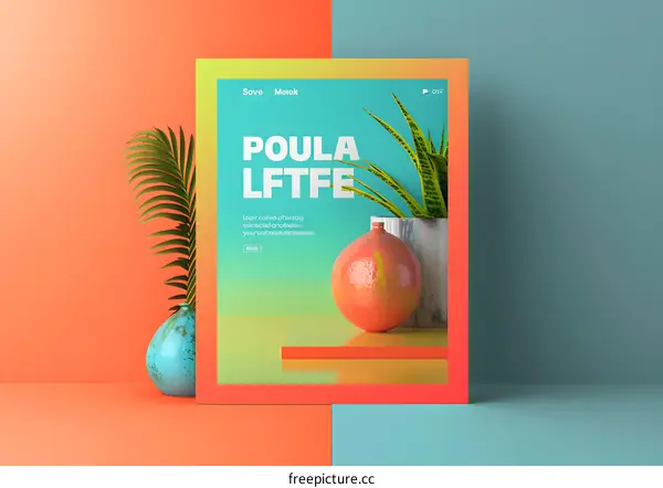 Abstract Minimalist Poster with Colorful Shapes and Green Plants