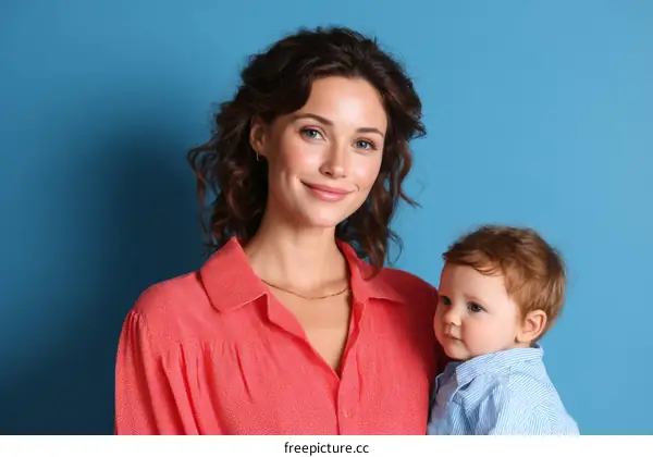 Mother and Baby Portrait against a Blue Background