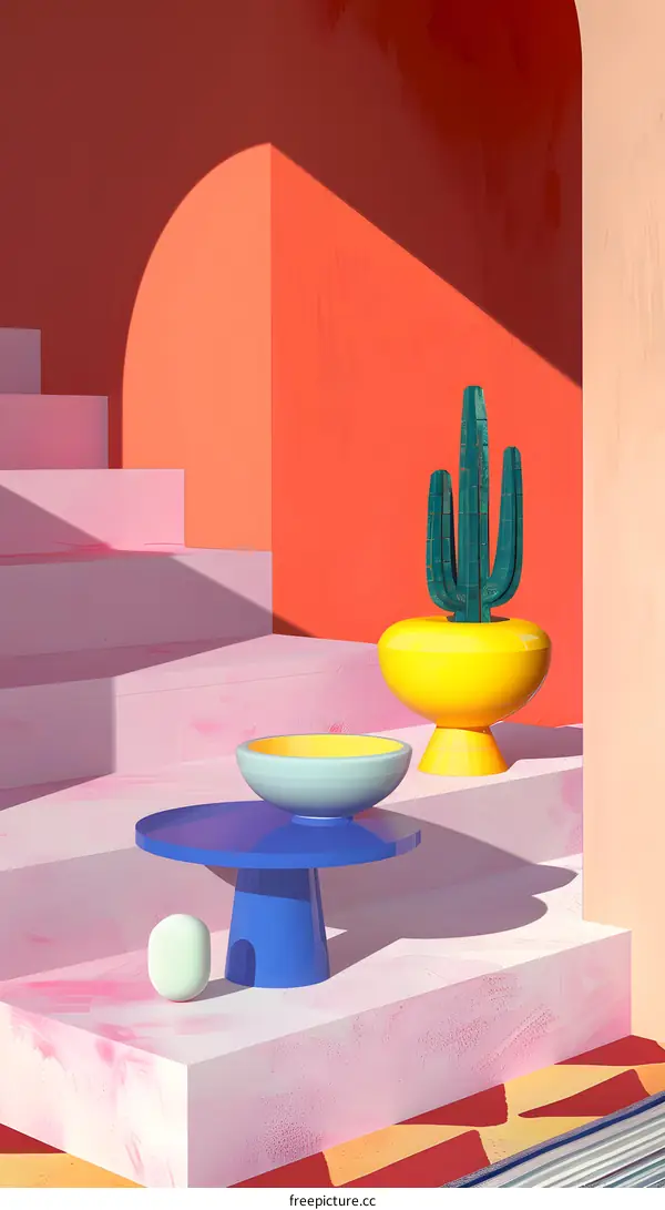 Abstract Minimalist Interior Design with Cactus Plant and Colorful Shapes