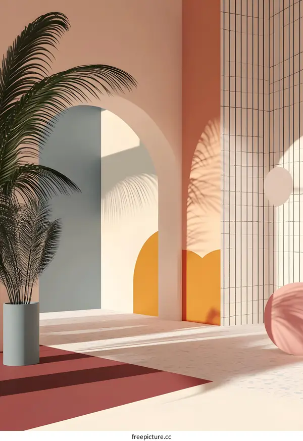 Minimalist Archway Interior Design with Palm Tree and Geometric Shapes