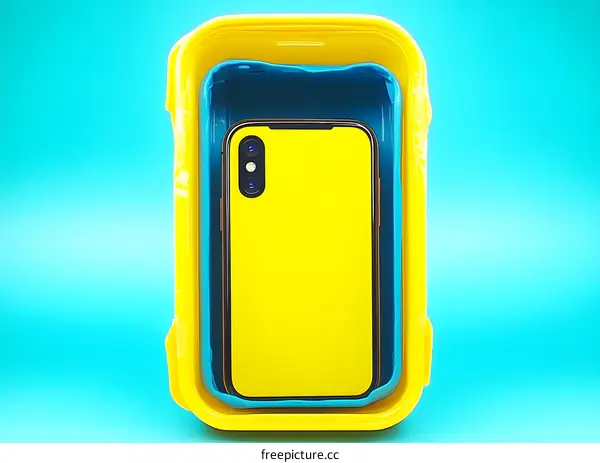Yellow Smartphone in Yellow and Blue Plastic Cases