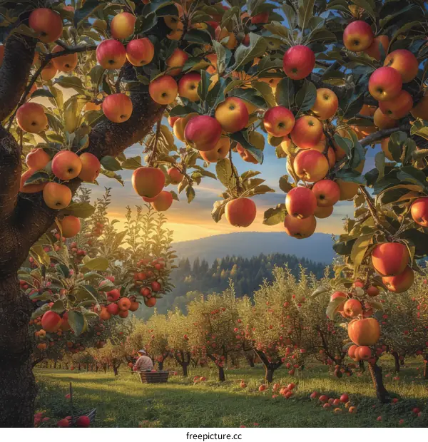 An orchard with a person picking apples from a tree
