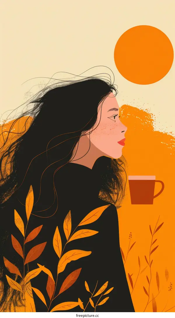 A woman looking at the sunset while drinking coffee