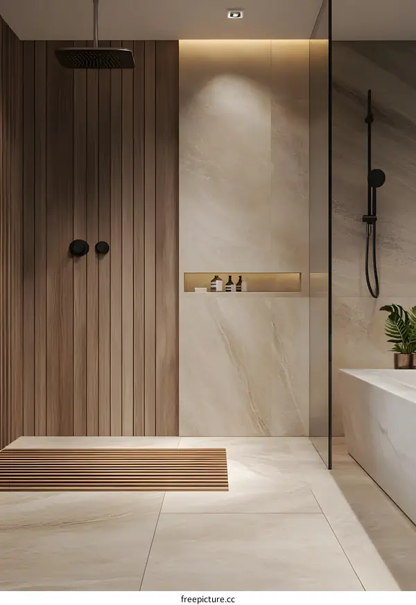 Modern Bathroom Interior Design With Wooden Wall And Shower