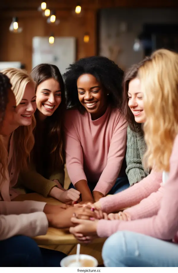 Multiethnic group of female friends sitting at a table and holding hands