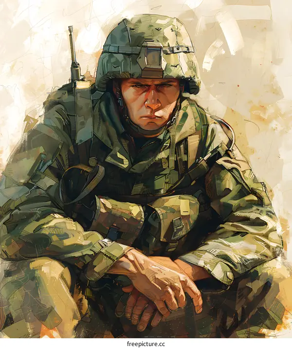 A soldier wearing a helmet and camouflage uniform is sitting on the ground.