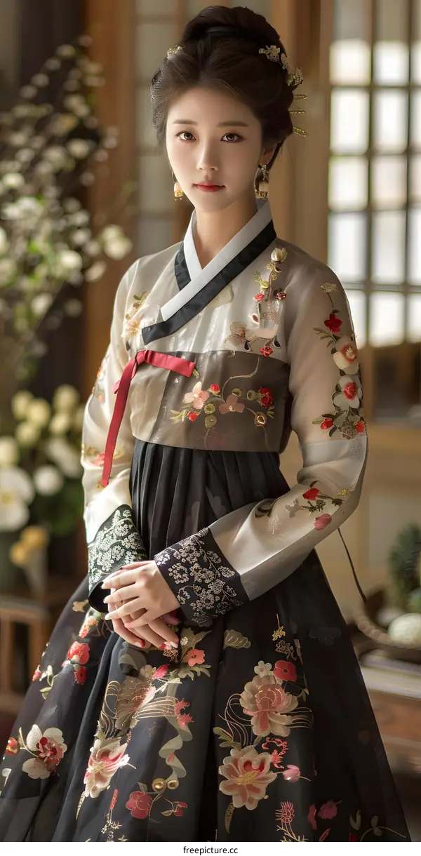 A young woman wearing a hanbok, a traditional Korean dress