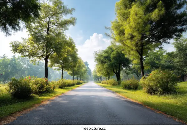 Morning Sunlight on a Peaceful Park Road