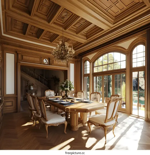 Elegant Wooden Dining Room with Chandelier and Large Windows