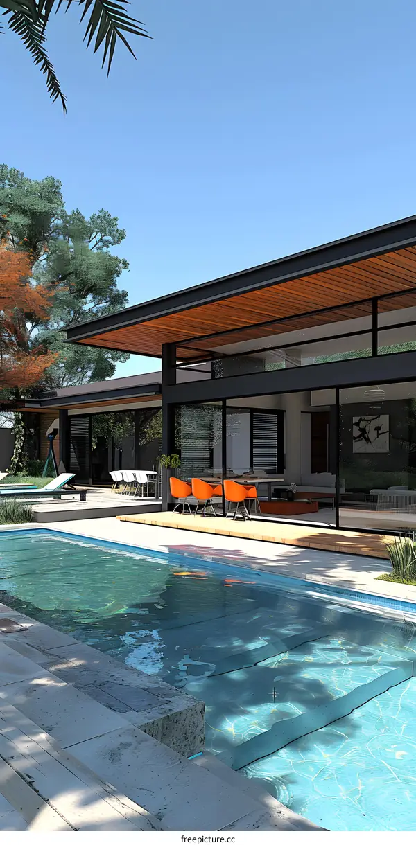 Courtyard house with swimming pool and tropical plants