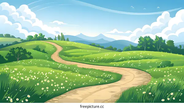 Winding Road Through Lush Green Meadow Landscape