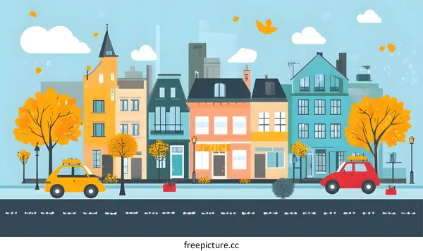 Colorful Cartoon Illustration of Autumn Cityscape