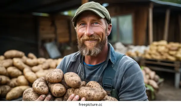 A farmer holding a large pile of potatoes in his arms and smiling at the camera