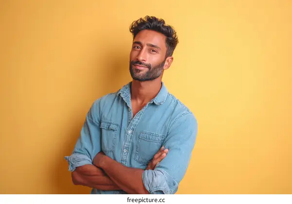 Confident Man in Denim Shirt on Mustard Background