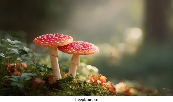 Two Beautiful Red Mushrooms in a Forest