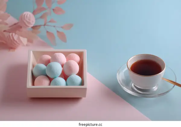 Pastel Colored Sweets and Teacup on a Dual-Colored Background
