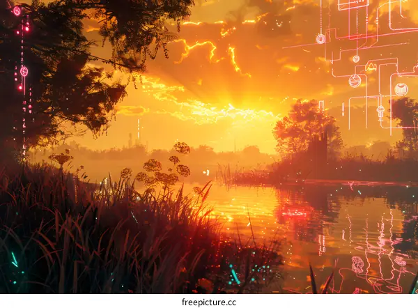 Cyberpunk Sunset Over Water